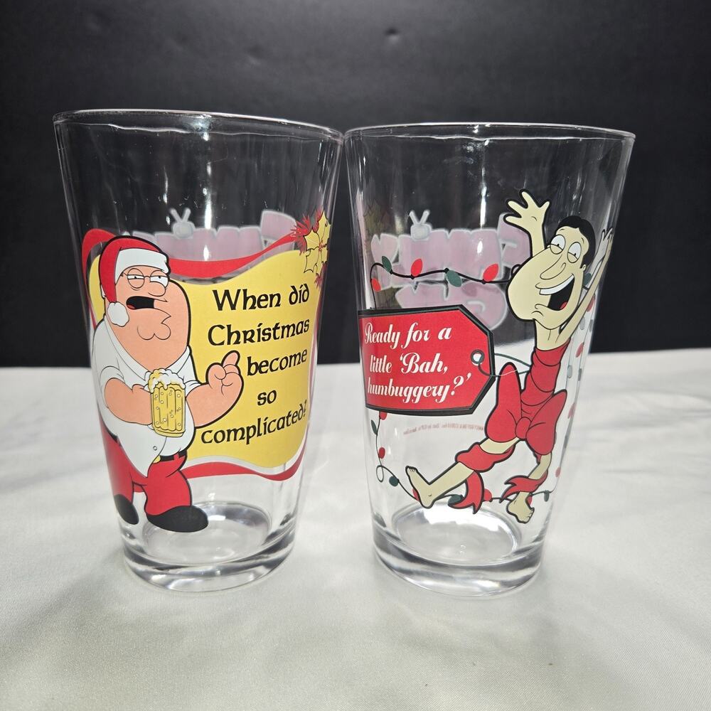 Family Guy Christmas Pint Glasses 2010 Peter Griffin Quagmire Holiday Set of 2